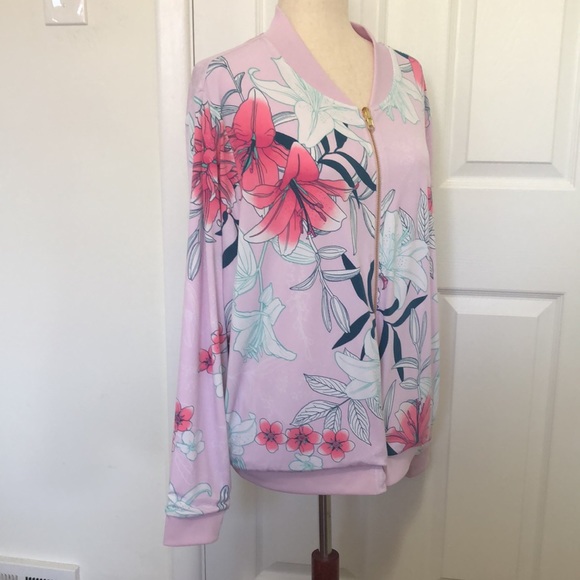 Iman Reversible Bomber Floral Pale Pink Zip Up Super Soft Stretch Knit Jacket - Picture 4 of 8